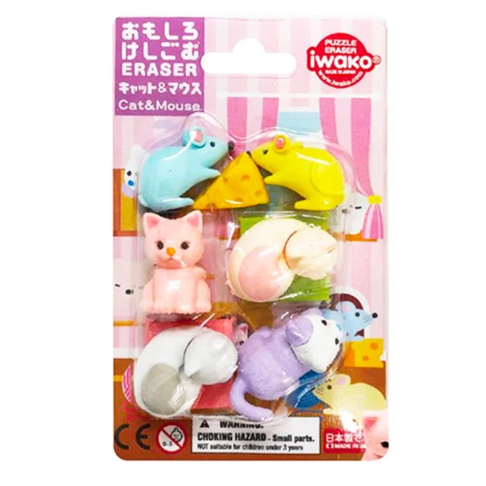 NEW Iwako Cat and Mouse Kawaii Eraser Set